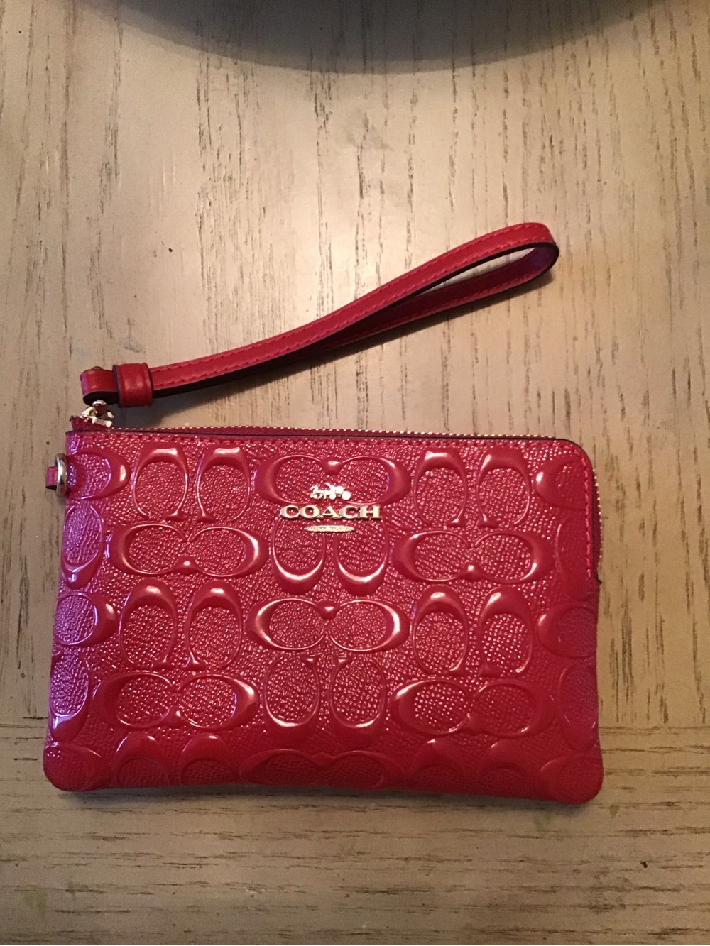 COACH Red Patent Signature Wristlet with Gold Logo